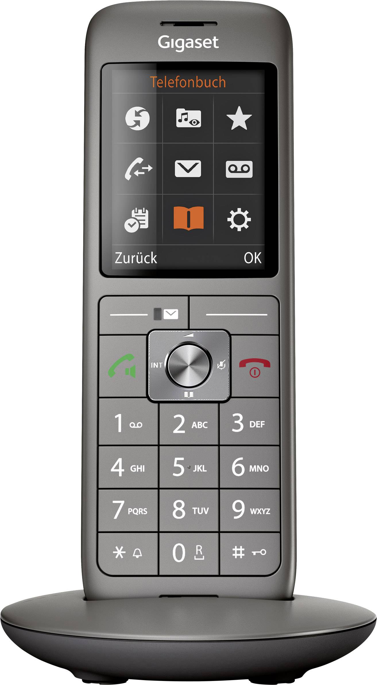 Draadloze telefoon met toetsenbord, display toont symbolen en menu-opties zoals 'Telefoonboek', 'Terug', 'OK'.
