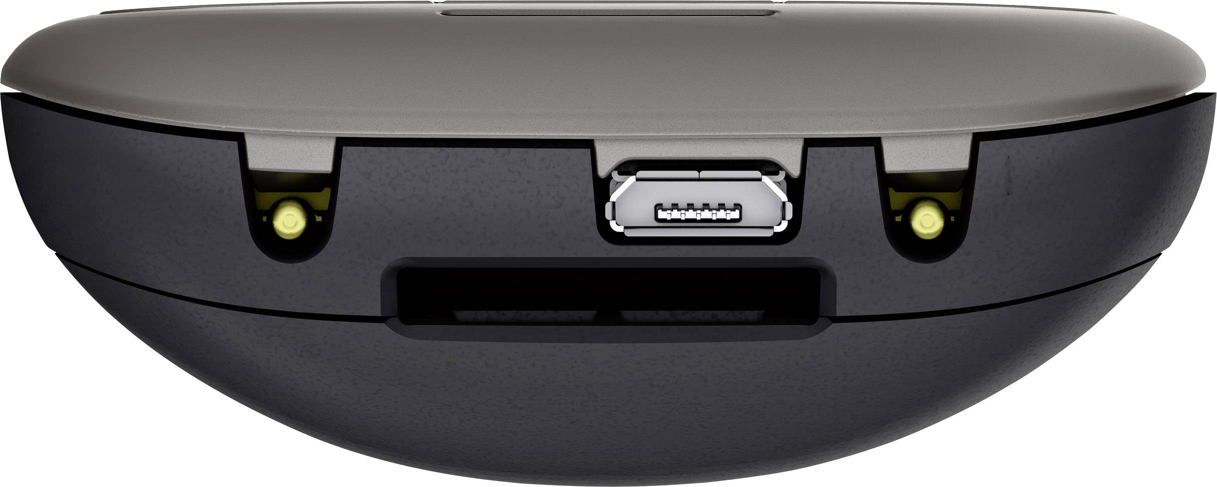 De afbeelding toont de onderkant van een apparaat met een micro-USB-aansluiting in het midden en twee sensoren aan weerszijden.