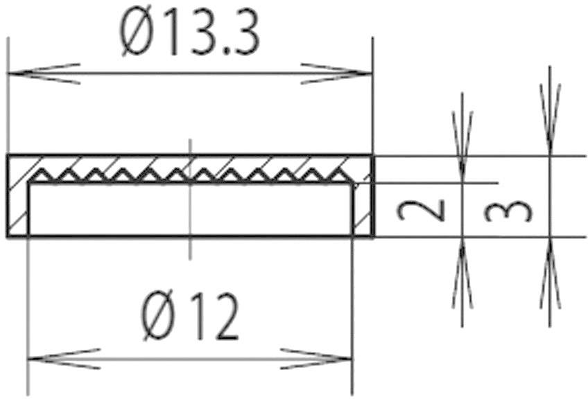 Technische tekening van een cilindrisch object met diameteraanduidingen: 13,3 en 12. Zijaanzicht toont afmetingen 2 en 3.