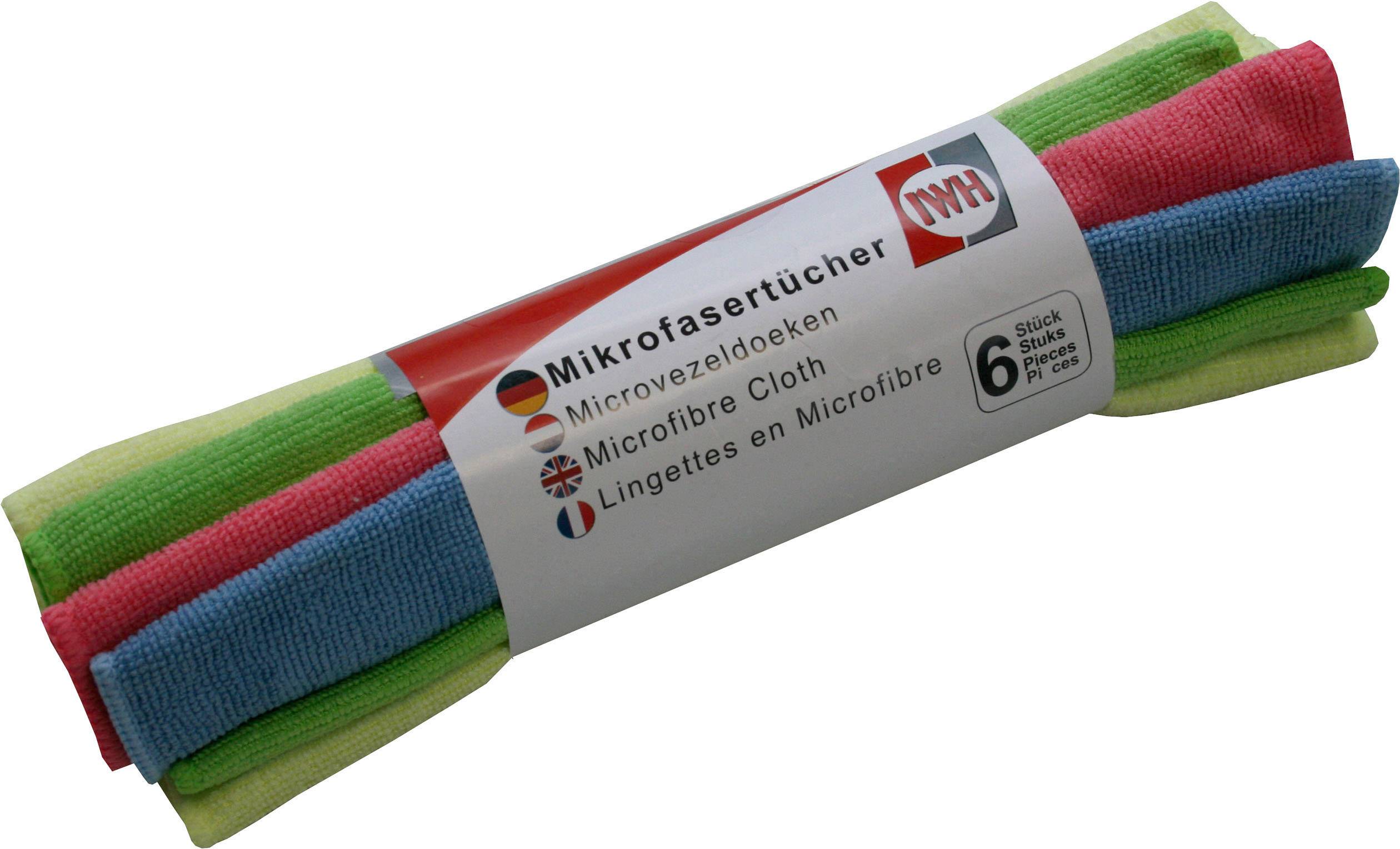 Zes kleurrijke microvezel doeken in verpakking. Verpakking geeft informatie over het product en bevat tekst in verschillende talen.