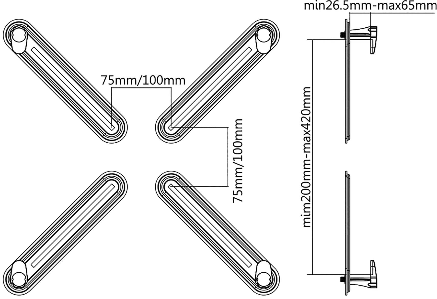 Technische tekening van een verstelbare monitorstandaard. Afmetingen: 75/100 mm montagebeugelbreedte, minimaal 200 mm - maximaal 420 mm hoogte. Montageafstand: 26,5-65 mm.