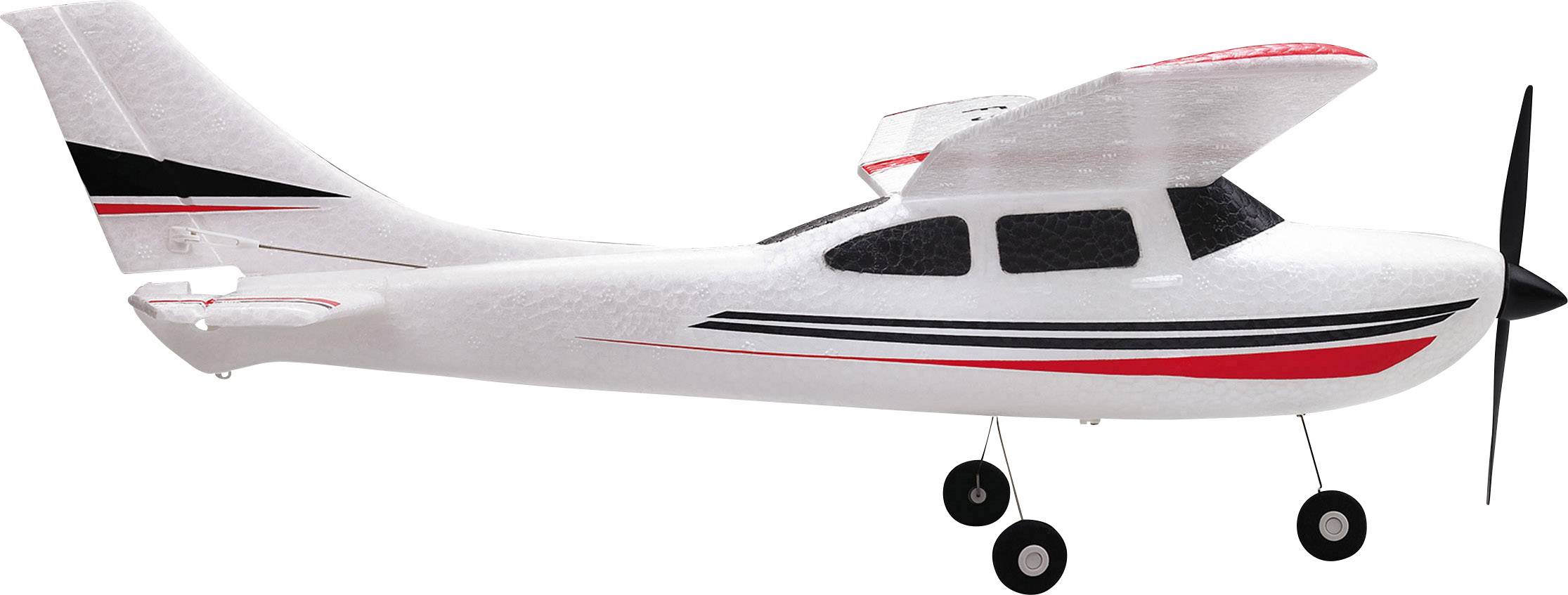 Modelvliegtuig met een witte romp en zwarte en rode strepen. Het vliegtuig heeft vier wielen en een propeller aan de voorkant.