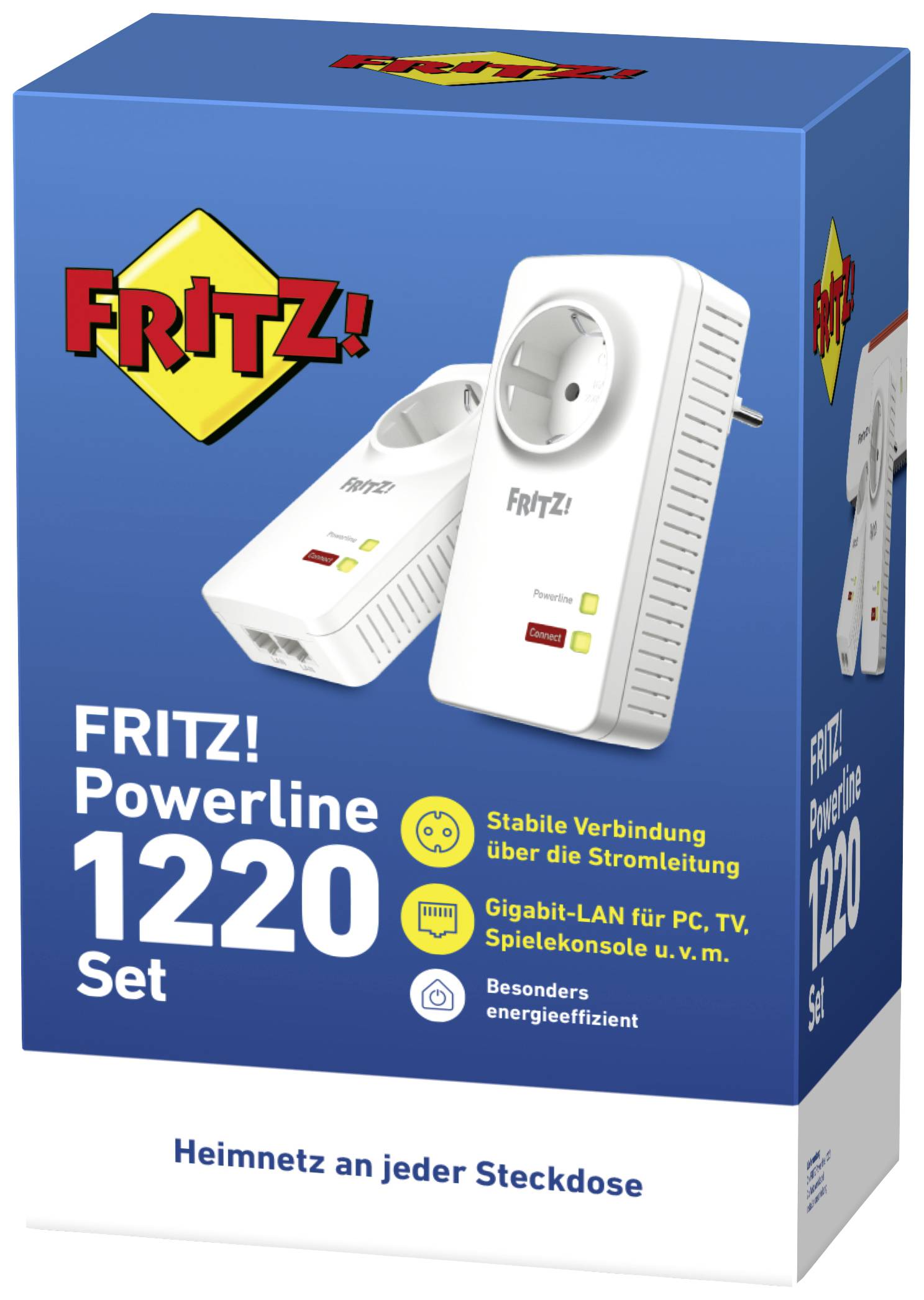 Verpakking van de FRITZ! Powerline 1220 Set, toont twee adapters. Opschrift benadrukt stabiele verbinding en energie-efficiëntie.