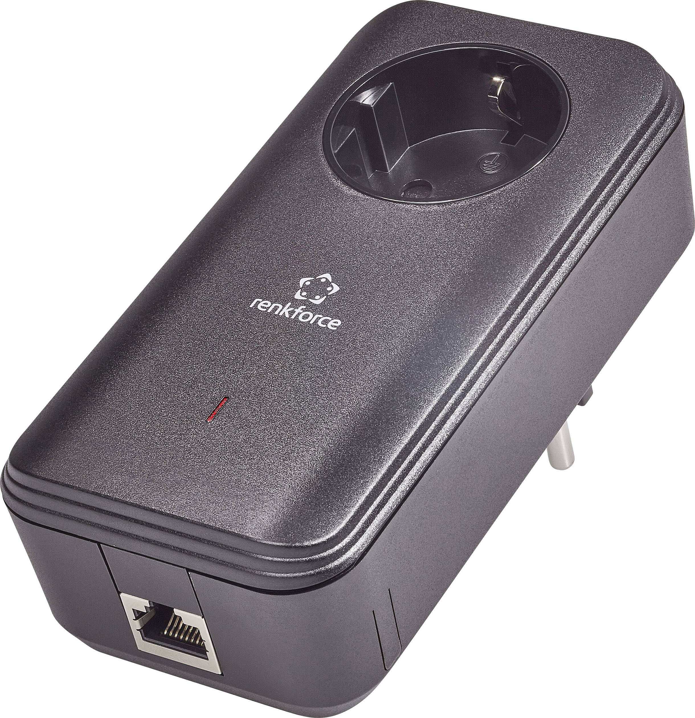 Zwarte Powerline-adapter stopcontact met Ethernet-aansluiting, logo 'renkforce'. Maakt netwerkverbinding via het elektriciteitsnet mogelijk.
