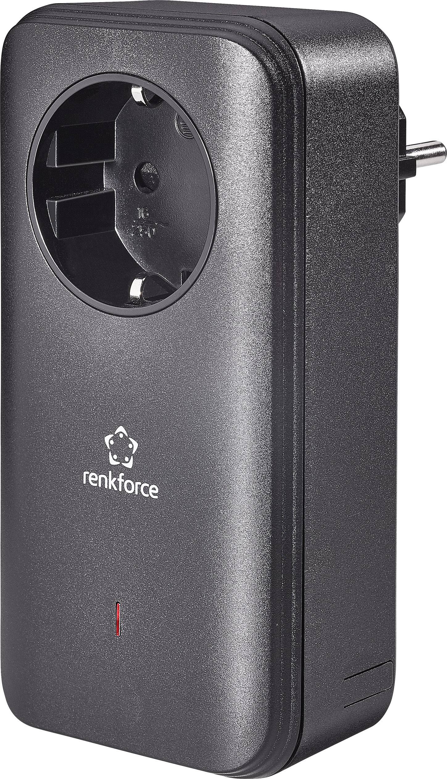 Zwarte adapterstekker met merklogo, zijaanzicht; geschikt voor stopcontacten met randaarde, compacte constructie.