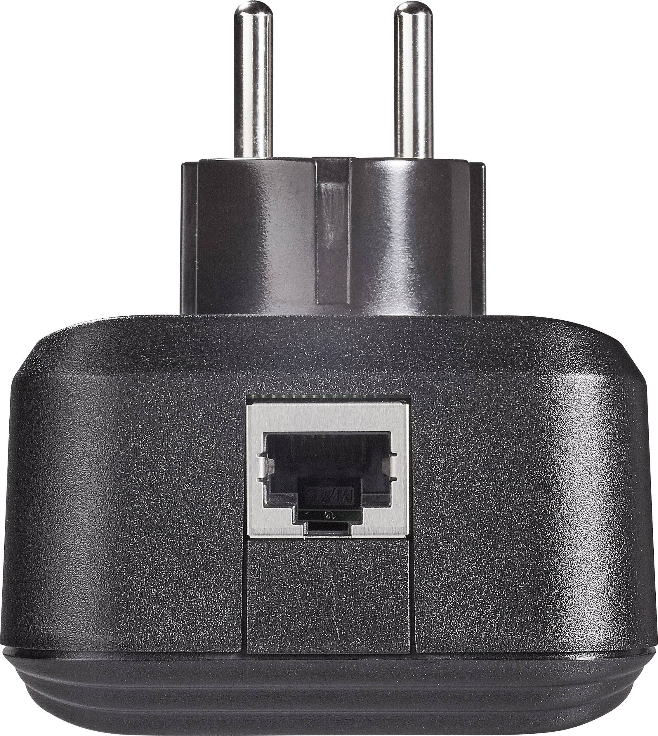 Een zwart, rechthoekig oplaadapparaat met twee ronde metalen pinnen voor een stopcontact en een netwerkkabelaansluiting aan de voorkant.