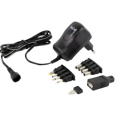 Zwart universeel voedingsapparaat met verschillende adapters en een USB-aansluiting.