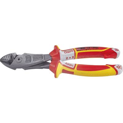 Gekleurde zijkniptang met geïsoleerde, rood-gele handgrepen, geschikt voor werkzaamheden aan elektrische leidingen.