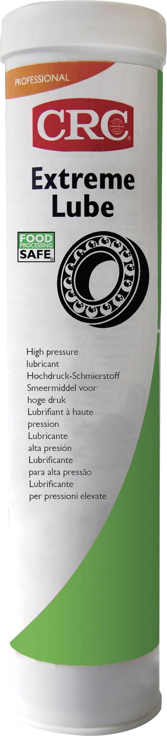 Een bus smeermiddel 'CRC Extreme Lube' voor hoogdruk toepassingen, geschikt voor de voedingsindustrie, groene etiketten.