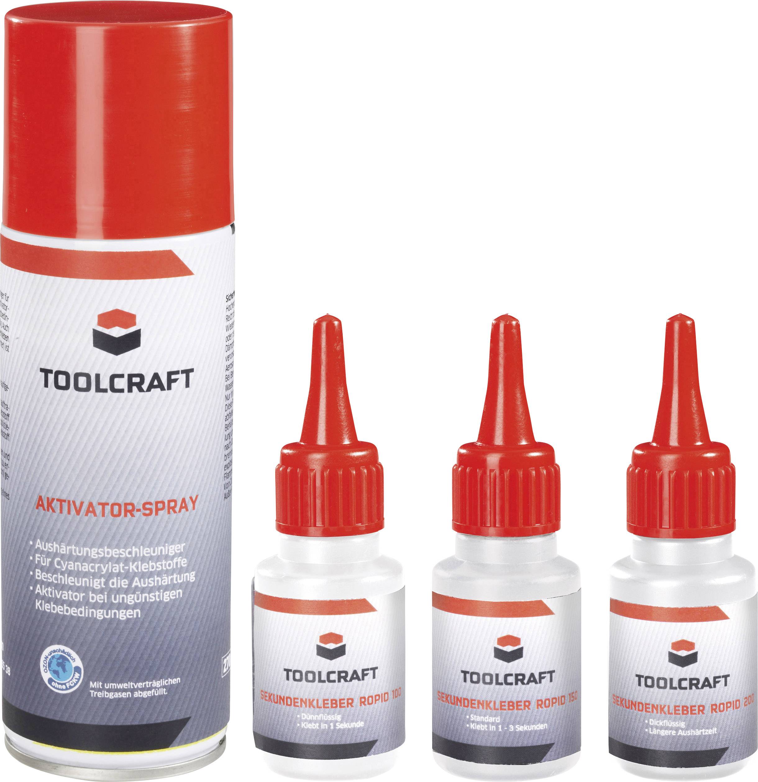 Drie flesjes secondenlijm en een activatorspray van het merk Toolcraft staan naast elkaar. Ze hebben rode doppen.