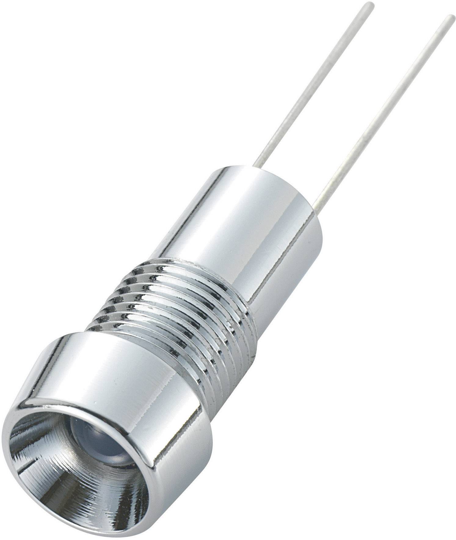 Een zilveren LED-houder met schroefdraad en twee aansluitdraden voor bevestiging en elektrische aansluiting van een LED.