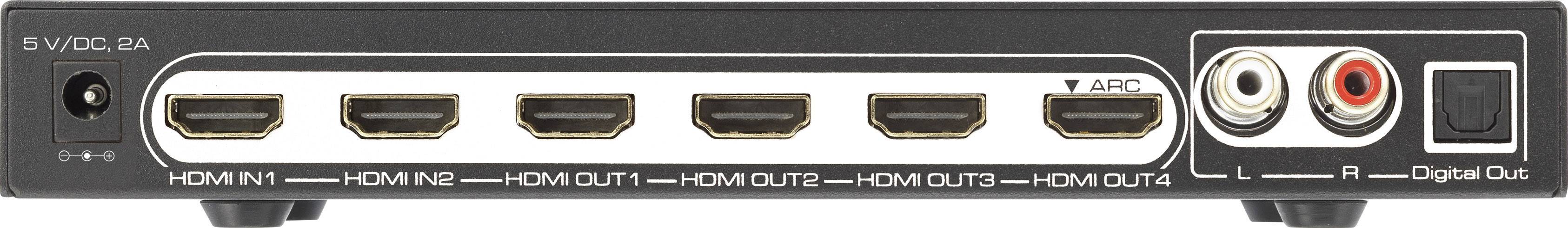 'Achterkant van een HDMI-matrix-switch: vier HDMI-ingangen, vier HDMI-uitgangen, optische digitale uitgang, audio-aansluitingen.'