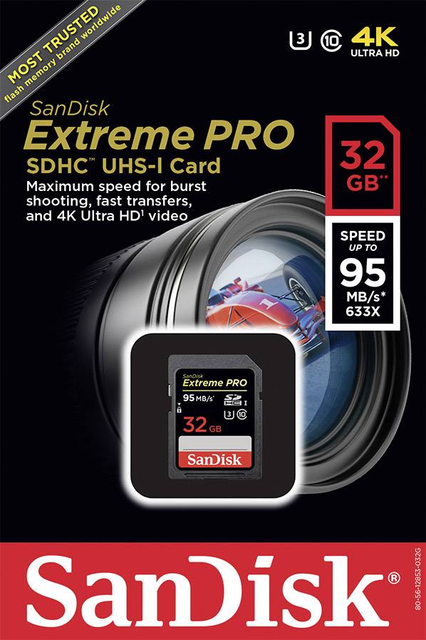 SanDisk Extreme PRO SDHC UHS-I-kaart, 32 GB. Snelle overdrachtssnelheden tot 95 MB/s. Geschikt voor reeksopnamen en 4K Ultra HD-video.