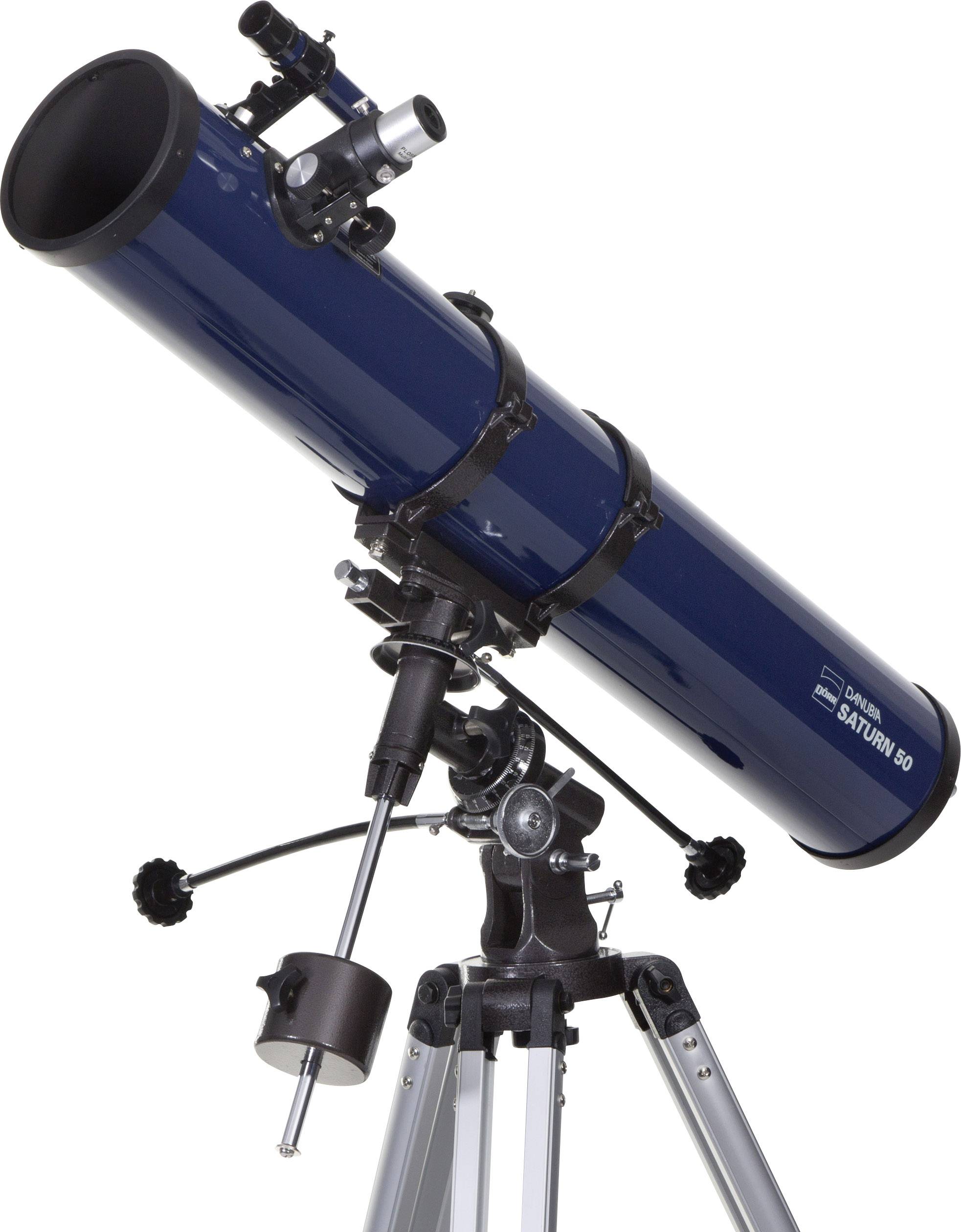 Een blauw telescoop op een zilveren statief, met verschillende bedieningselementen, toont astronomische observatieapparatuur.