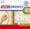 'tesa Protect' verpakking met acht extra sterke, witte schuimstofpads, 10 x 10 mm, toont toepassing op een deur.