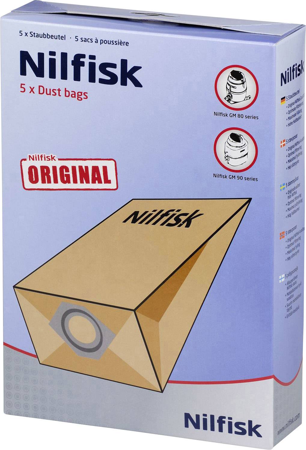 Verpakking van Nilfisk stofzakken, 5 stuks, geschikt voor GM 80 en GM 90 series.