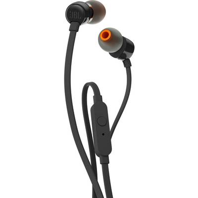 Zwarte in-ear koptelefoon met kabel en oranje details, ingebouwde microfoon in de afstandsbediening. Geschikt voor muziek en bellen.