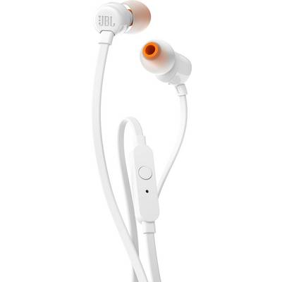 Witte in-ear-koptelefoon met oranje accenten en geïntegreerde microfoon. Ideaal voor muziek en telefoneren onderweg.