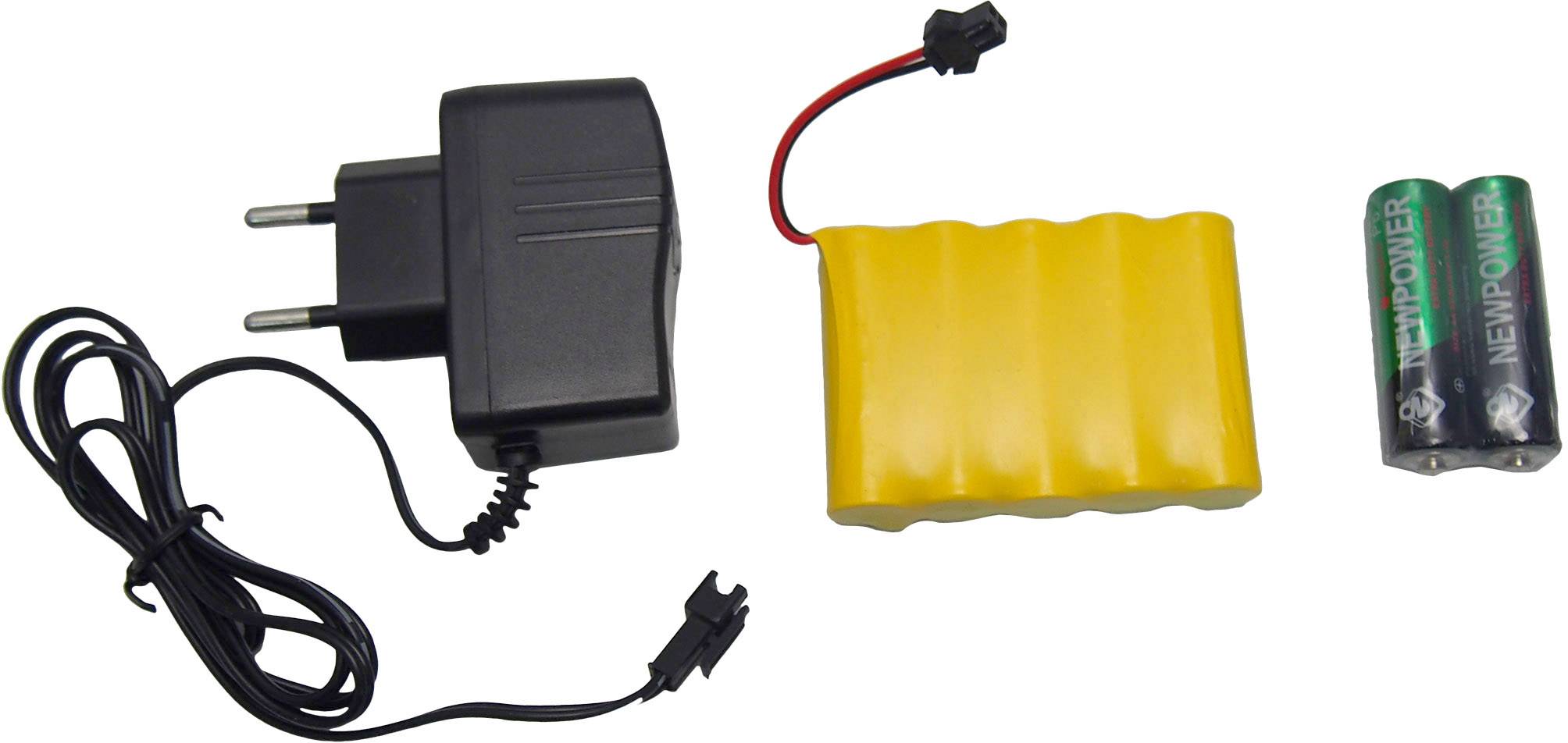 Batterijlader met voedingsadapter, oplaadbare gele accu en twee AA-batterijen. Accessoire voor het opladen van elektronische apparaten.