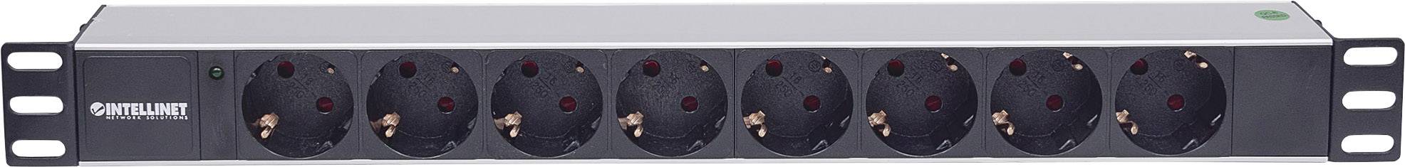 Een zilver stopcontactenpaneel met acht zwarte aansluitplaatsen en schakelaar, geschikt voor montage in een 19-inch rack.