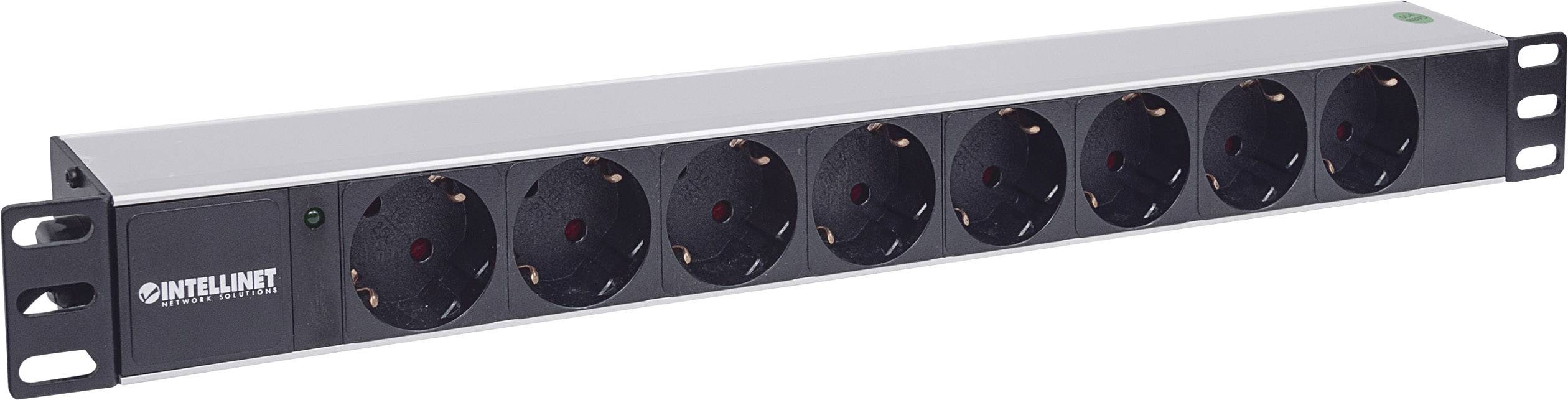 Een stekkerdoos met acht zwarte aansluitingen, geschikt voor montage in een serverrek of rack.