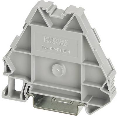 Grijze aansluitblok van Phoenix Contact, type DP-PTRV 4, met driehoekige vorm en bevestigingsclip onderaan, tegen een witte achtergrond.