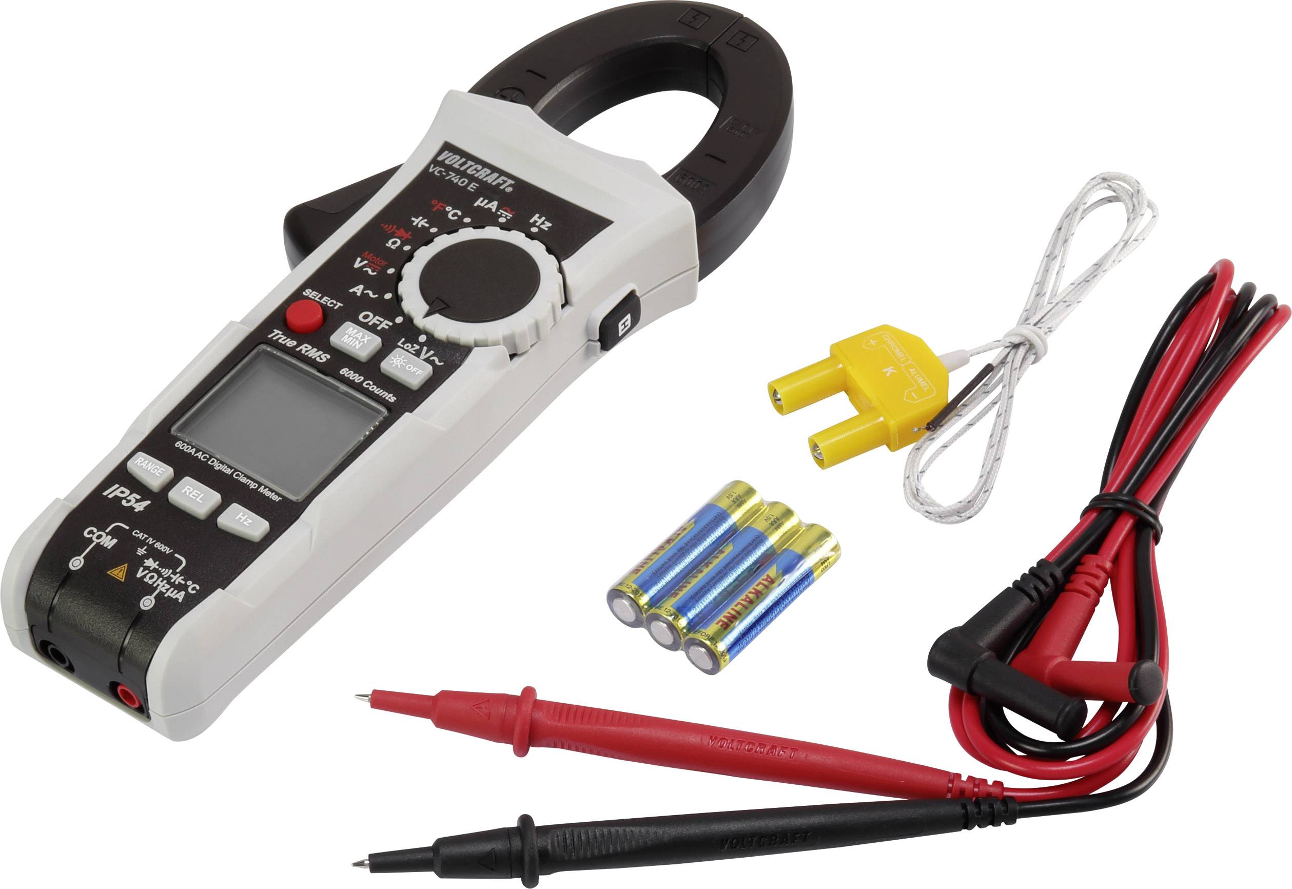 Een digitaal multimeter met krokodillenklemmen, batterijen en een K-type temperatuursensor. Voor het meten van elektrische waarden en temperaturen.