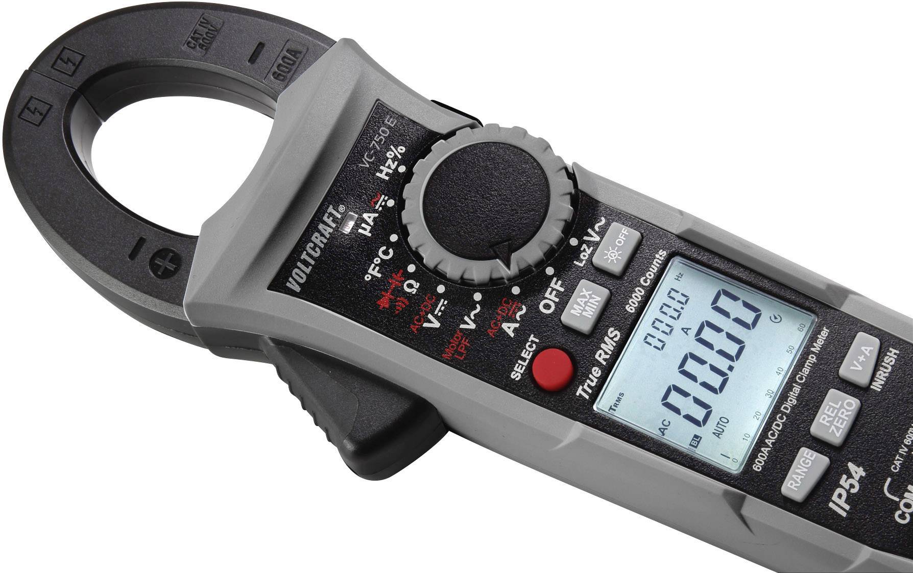 Een grijze, digitale stroomtang met een zwarte tangkop. Display toont '0.00'. Verschillende knoppen voor functies zichtbaar.