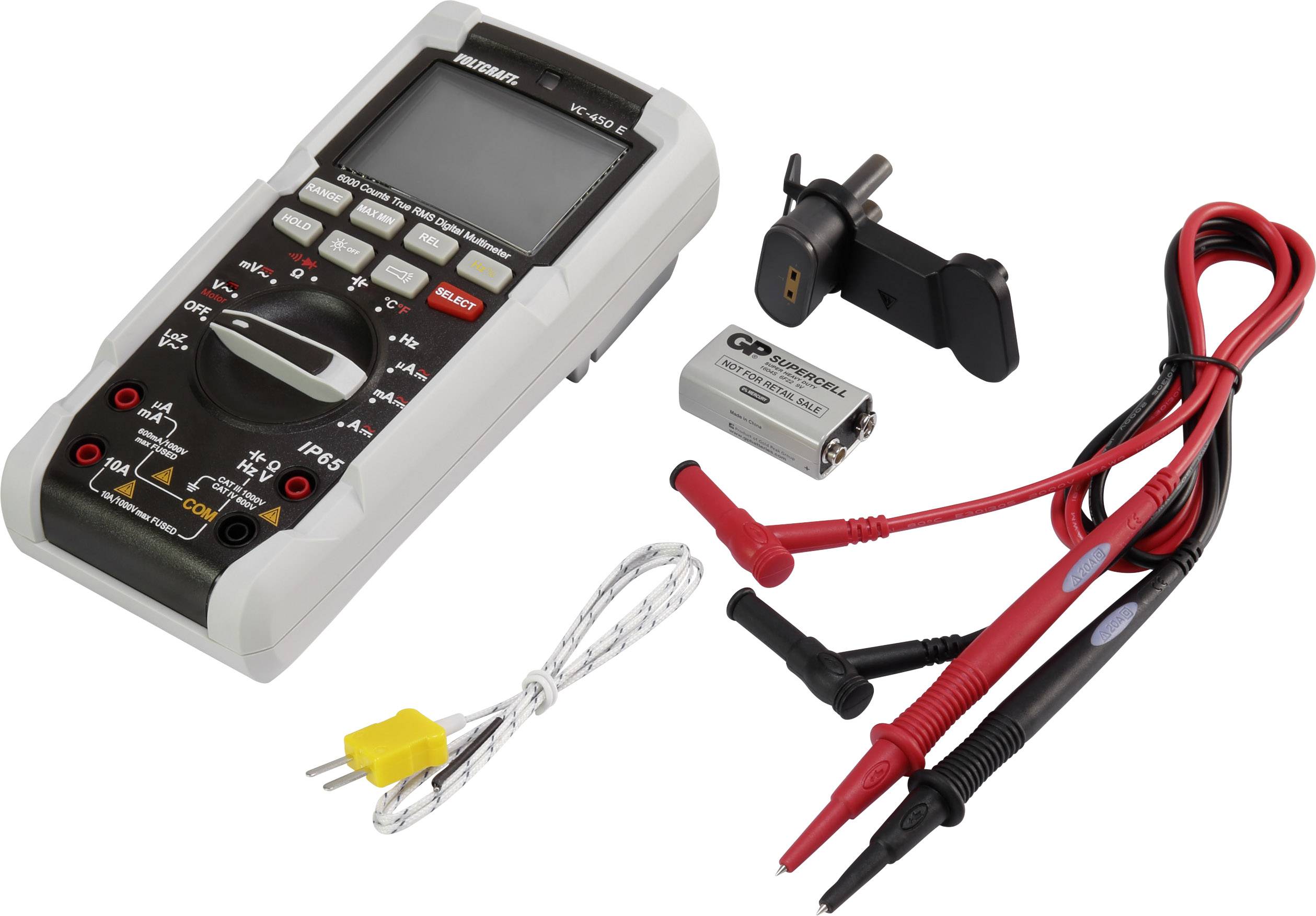 Een digitale multimeter met meetleidingen, een thermokoppel-adapter en een 9V-batterij voor elektrische metingen.