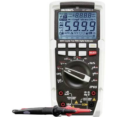 Een digitaal multimeter met display. Toont verschillende meetwaarden zoals spanning en stroom. Merknaam bovenaan, meetkabels onderaan.