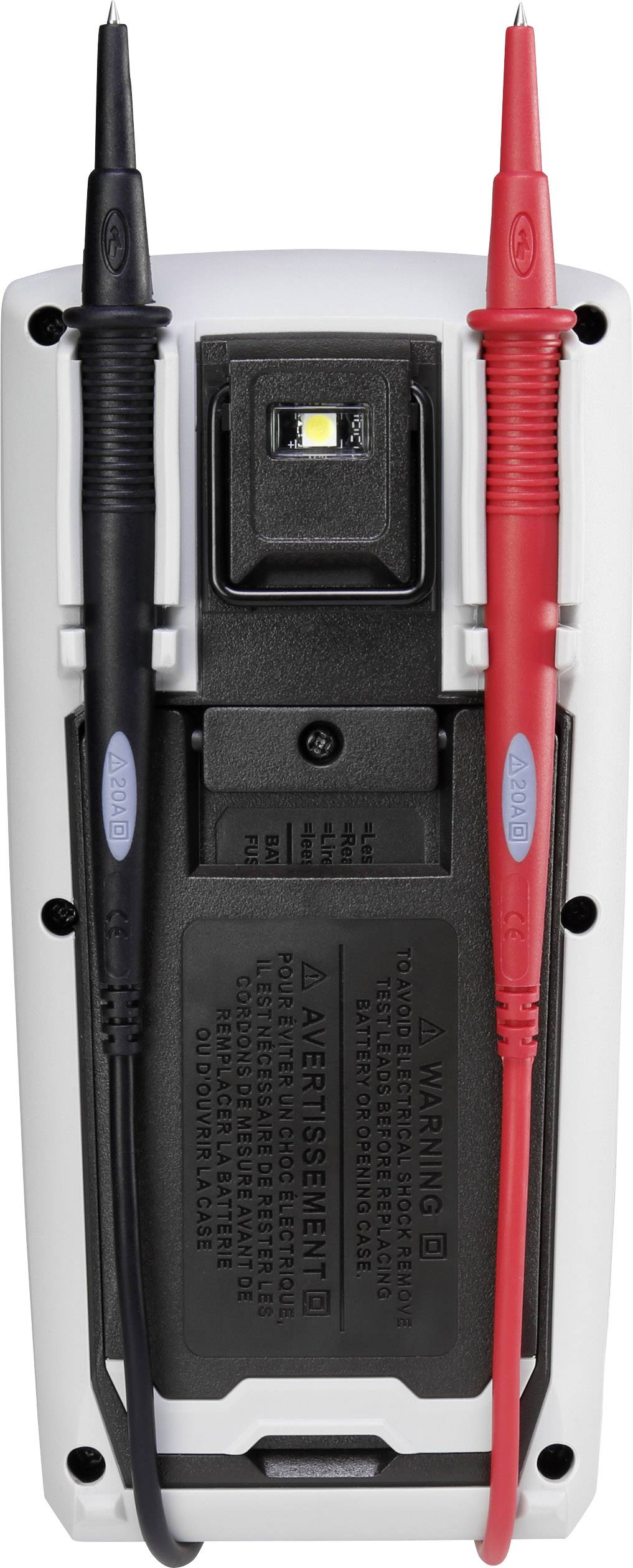 Een multimeter met twee aangesloten meetleidingen, een zwarte en een rode.