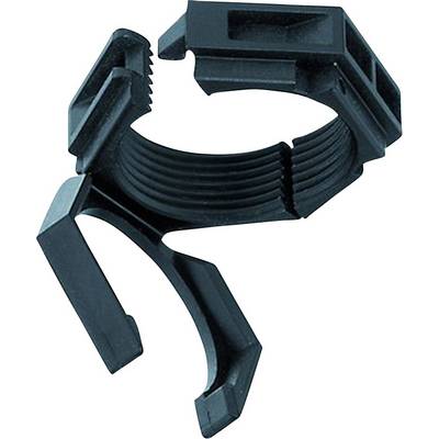 Zwarte kunststof kabelclip in gesloten positie, met een flexibel gevormde behuizing en getande binnenzijden voor een stevige grip.