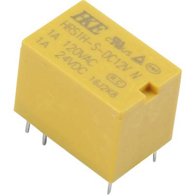 Geel relais met opschrift 'HRS1H-S-DC12V N', 1A, 120VAC, 1A, 24VDC. Het is een elektrisch onderdeel met vijf aansluitpinnen.