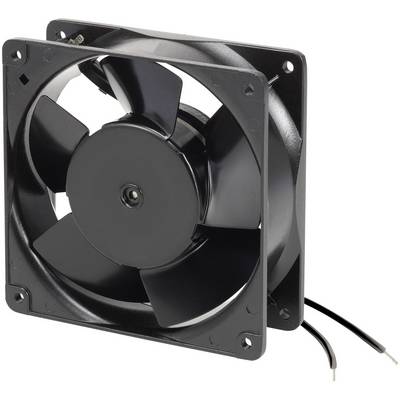 Een zwarte koelventilator met vier vleugels en twee kabels, gebruikt in elektronische apparaten voor warmteafvoer.