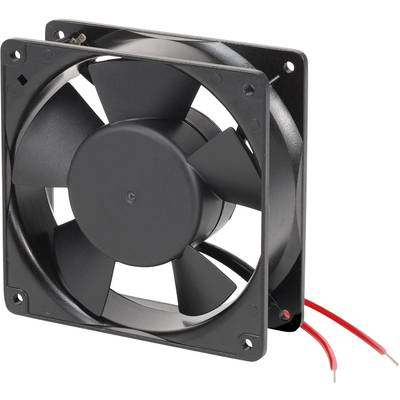 Een zwarte ventilator met vier vleugels, ingebouwd in een vierkante lijst, twee rode draden steken uit.