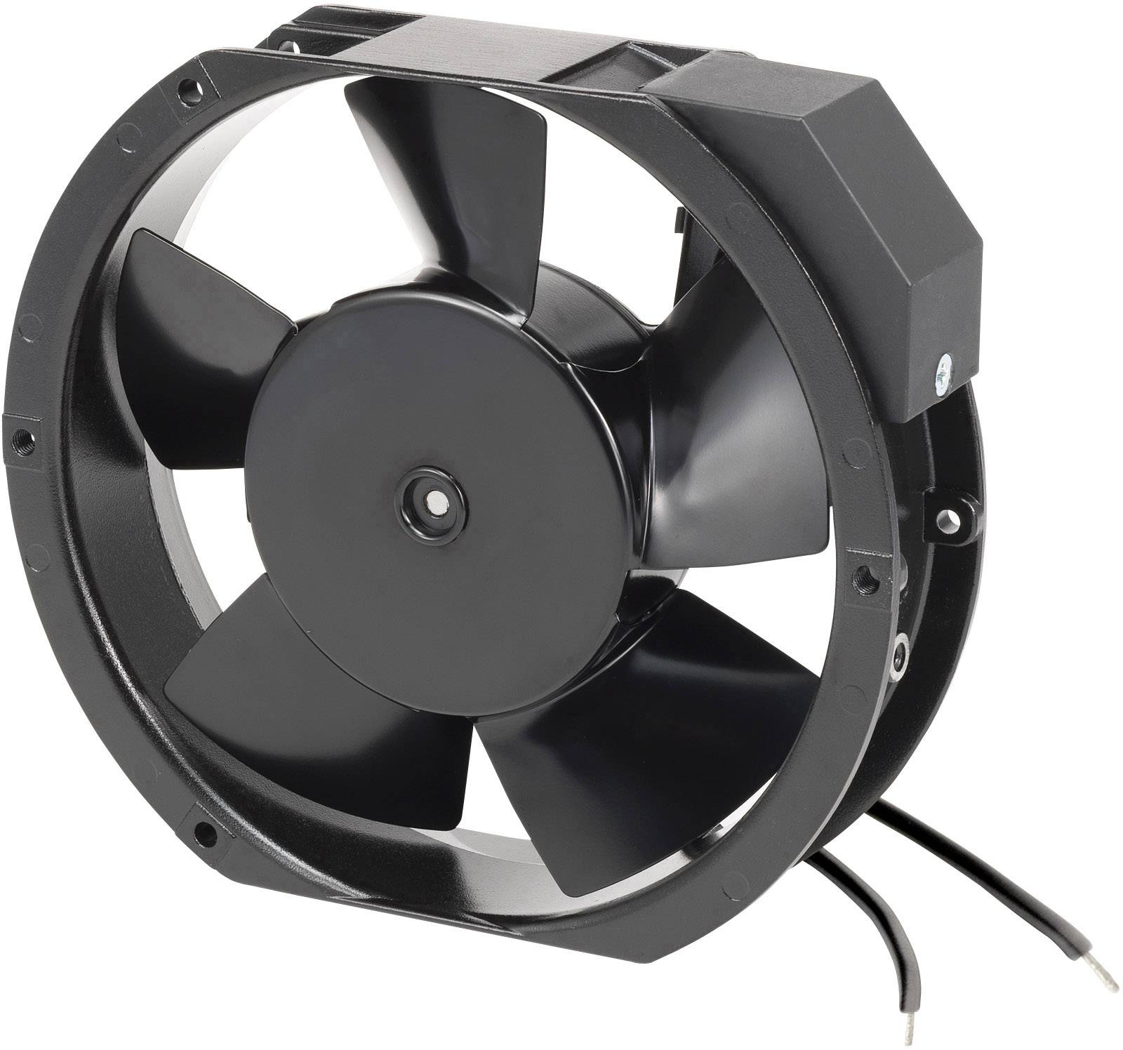 Zwarte axiale ventilator met vijf schoepen, behuizing met aansluitkabels; typisch onderdeel voor koeltoepassingen in elektronische apparaten.