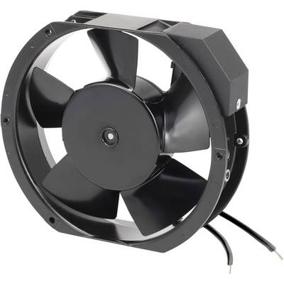 Zwarte axiale ventilator met vijf schoepen, behuizing met aansluitkabels; typisch onderdeel voor koeltoepassingen in elektronische apparaten.