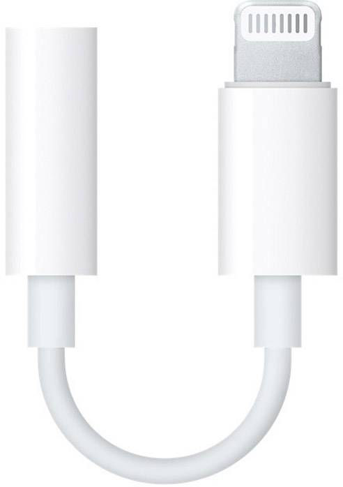 Witte adapter van Lightning naar 3,5 mm-hoofdtelefoonaansluiting, gebruikt voor het aansluiten van bekabelde hoofdtelefoons op Apple-apparaten.