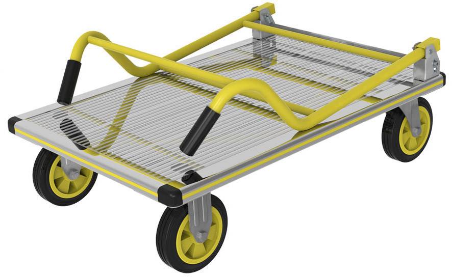 Een platte transportwagen met vier wielen en gele handgrepen, geschikt voor het verplaatsen van zware voorwerpen in magazijnen of werkplaatsen.