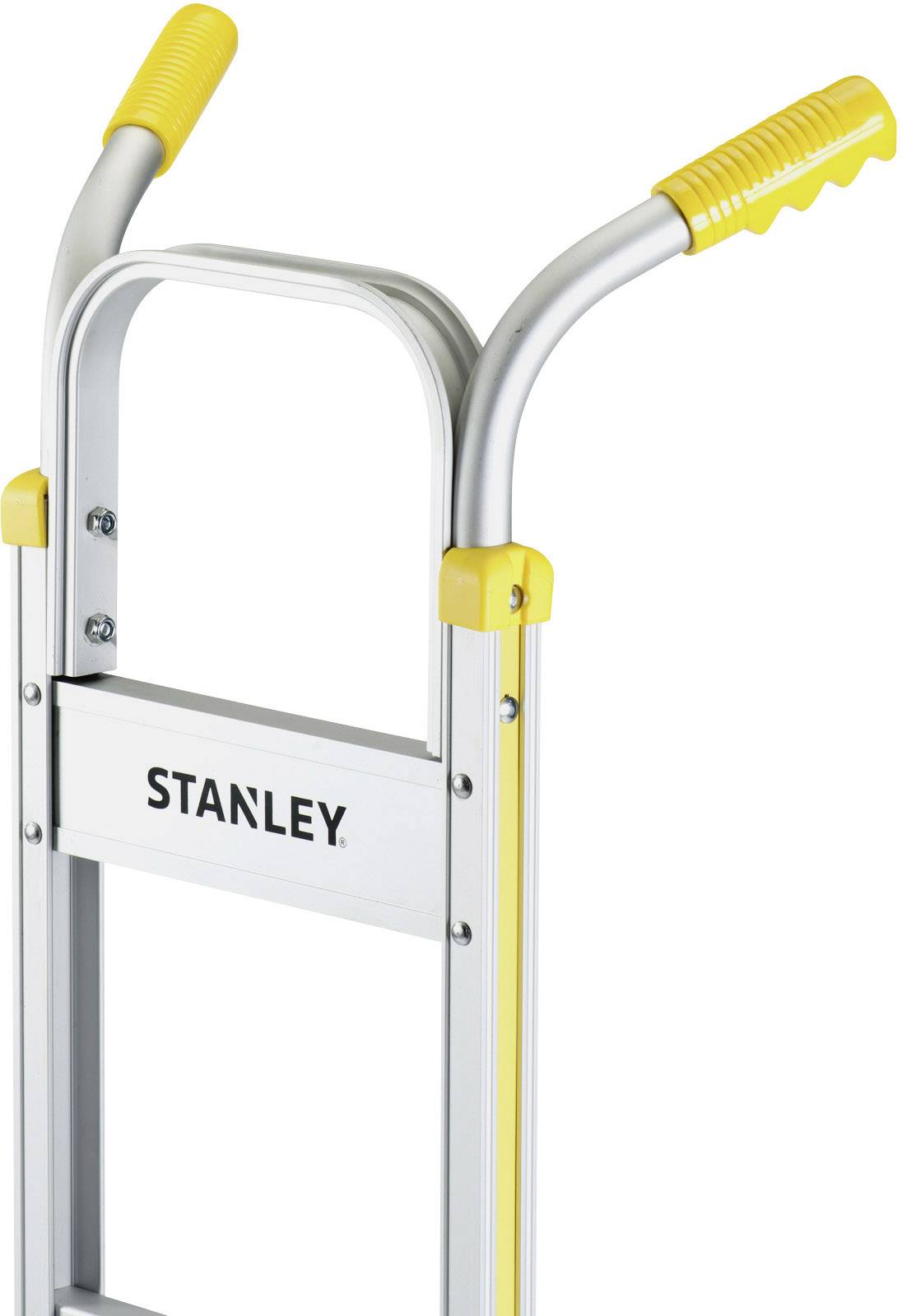 Een zilveren steekwagen met gele handgreep, merk 'Stanley', geschikt voor het vervoeren van zware voorwerpen.