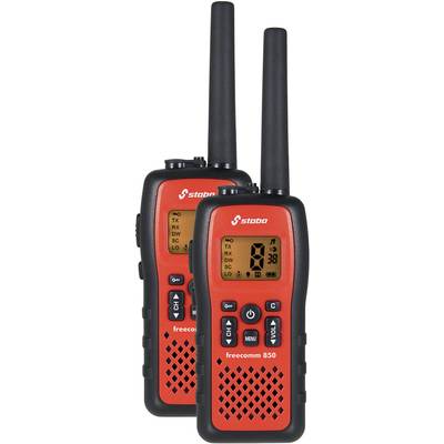 Twee rode walkietalkies met zwarte antennes en knoppen. De displays tonen kanaalinstellingen. Merknaam bovenaan zichtbaar.