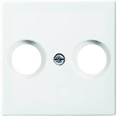 Witte dubbele stopcontactafdekking met een rond logo in het midden. Geschikt voor twee stopcontactaansluitingen.