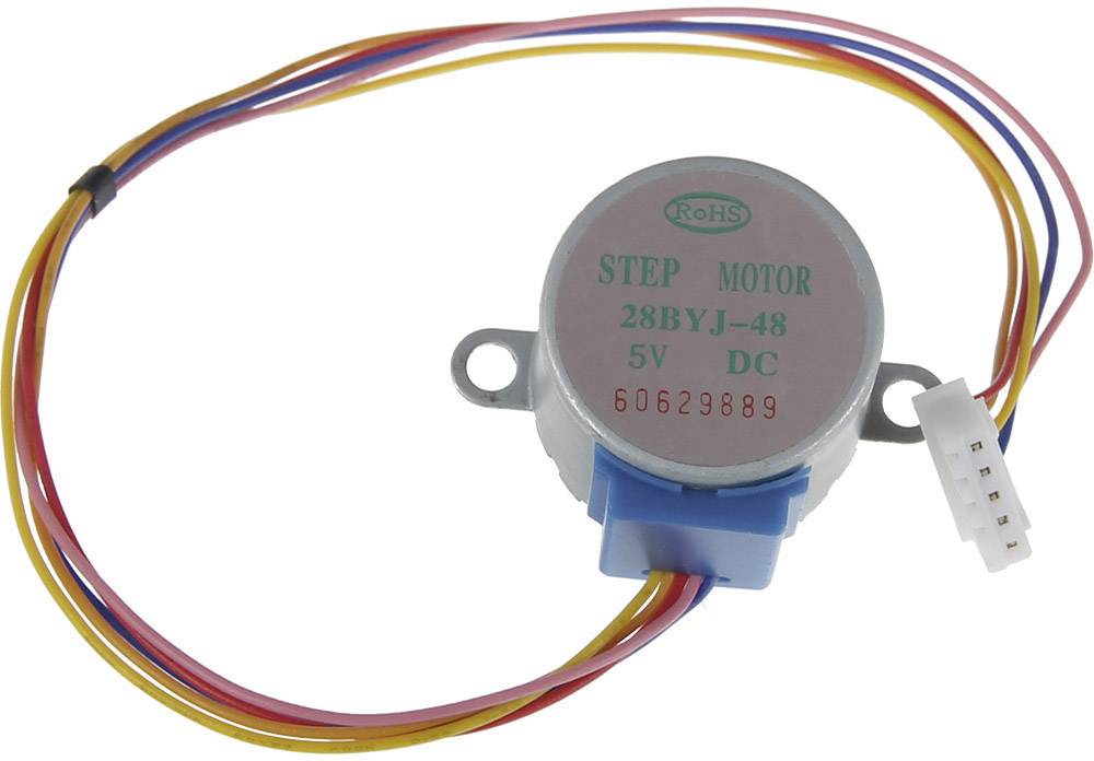 Een stappenmotortype 28BYJ-48 met 5V DC-werking, toont gekleurde draden en aansluitingen. Ideaal voor precisiebesturingprojecten.