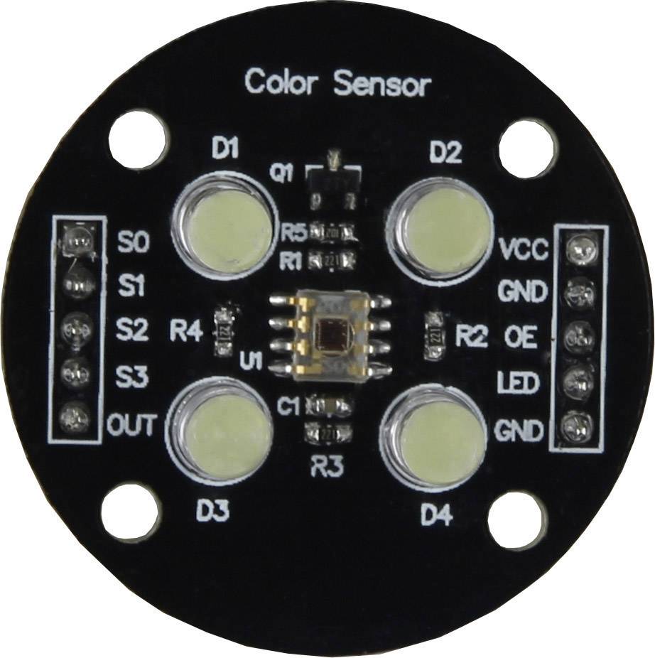 Een ronde kleurensensor met vier LED's (D1-D4) en aansluitklemmen. Opschriften omvatten 'Color Sensor', VCC, GND, S0-S3.