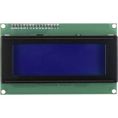 Een LCD-display-module met blauwe weergave en 16 pinnen bovenaan, bijvoorbeeld voor elektronische projecten en microcontroller-toepassingen.
