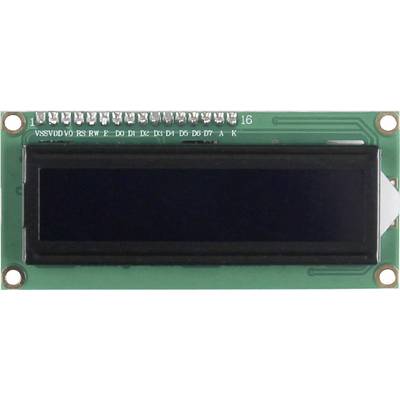 Een LCD-display-module met een tweegelige weergave en meerdere contactpunten bovenaan voor elektrische aansluiting.