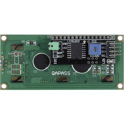 Een groen LCD-module met microchip, aansluitingen en het opschrift 'QAPASS'. Geschikt voor elektronica- en Arduino-projecten.