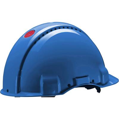Blauwe veiligheidshelm met een rode knop bovenop, symboliseert arbeidsbescherming en veiligheid op de werkplek.