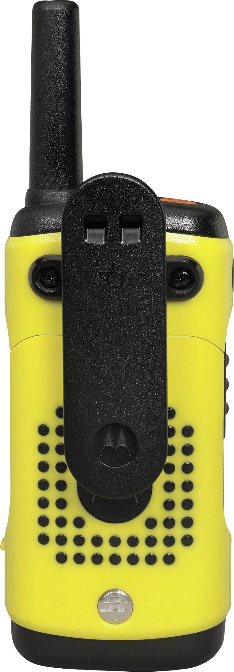 Gele walkietalkie met zwarte antenne en achteraan een bevestigingsclip, gefotografeerd van achteren zonder weergave van het display.
