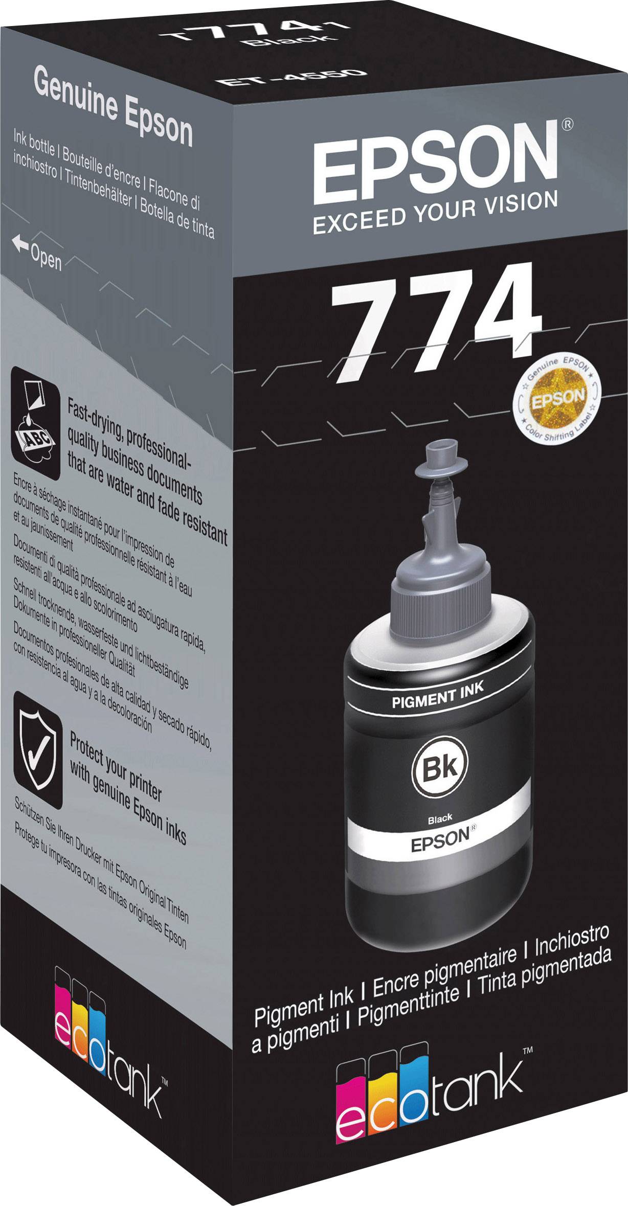 Een zwarte Epson 774 inktfles voor EcoTank-printers, geschikt voor snel opdrogen en professionele kwaliteit.